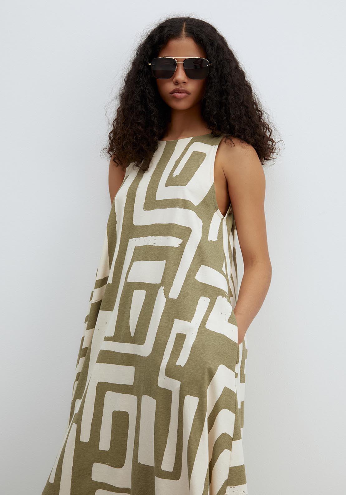 Sfera Printed A Line Dress - Khaki 4 Shaws Department Stores
