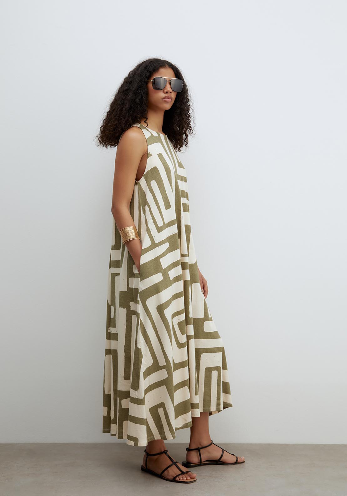 Sfera Printed A Line Dress - Khaki 3 Shaws Department Stores