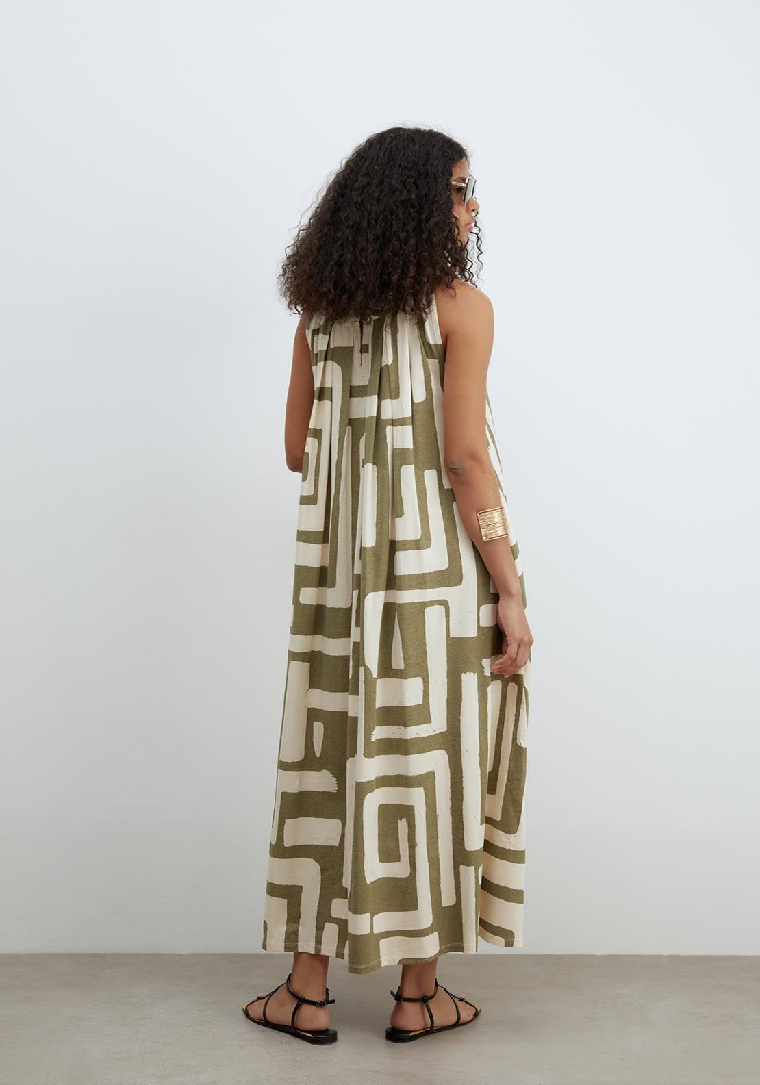 Sfera Printed A Line Dress - Khaki 2 Shaws Department Stores
