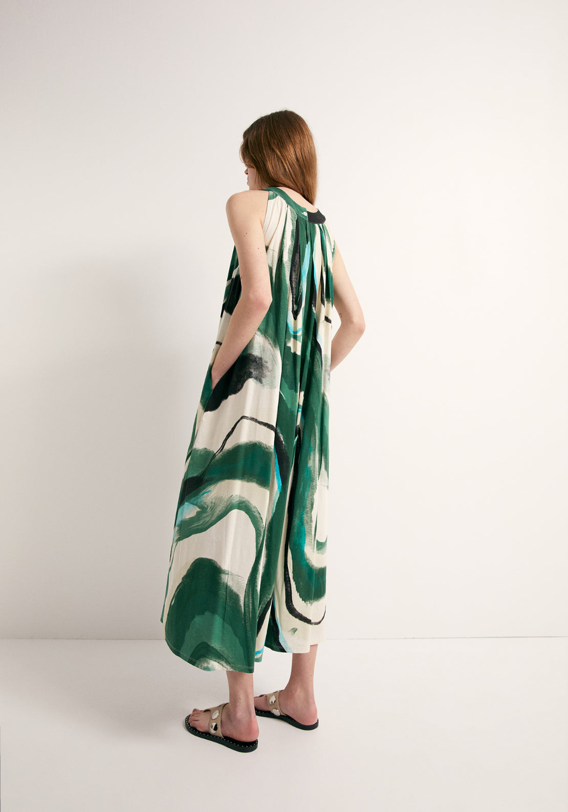 Printed A-Line Dress - Green
