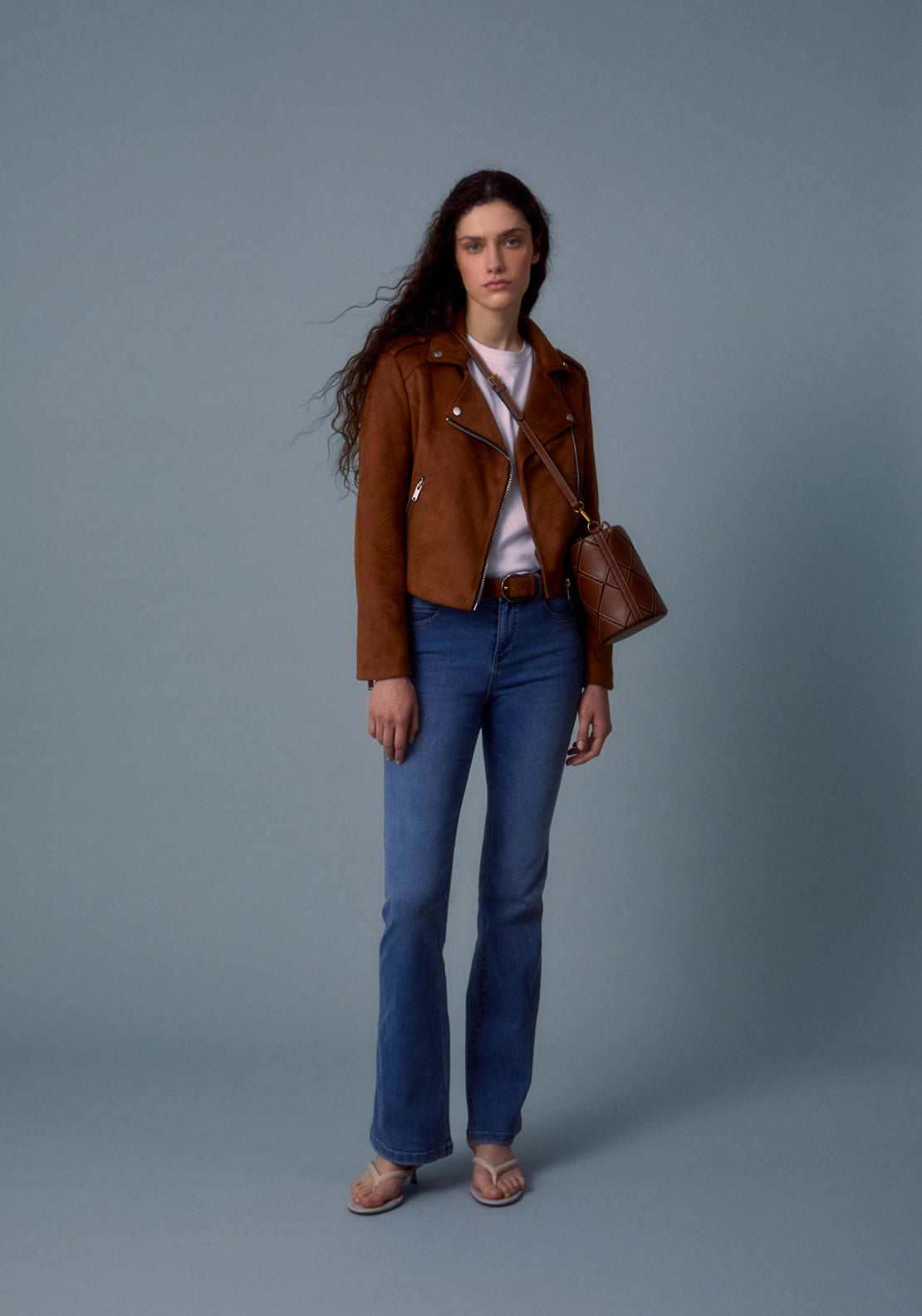 Suede Effect Biker Jacket - Orange