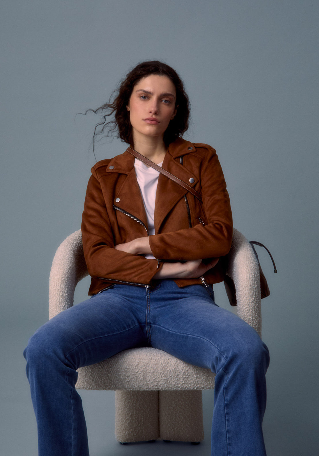 Suede Effect Biker Jacket - Orange