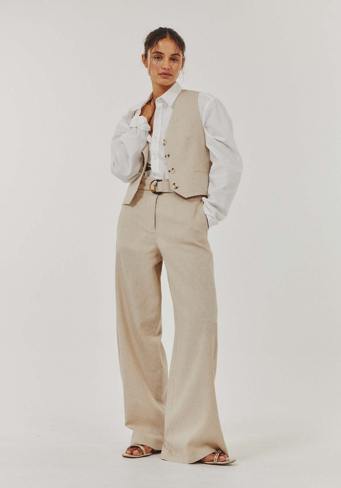 Sfera Belted linen trousers - Beige 4 Shaws Department Stores