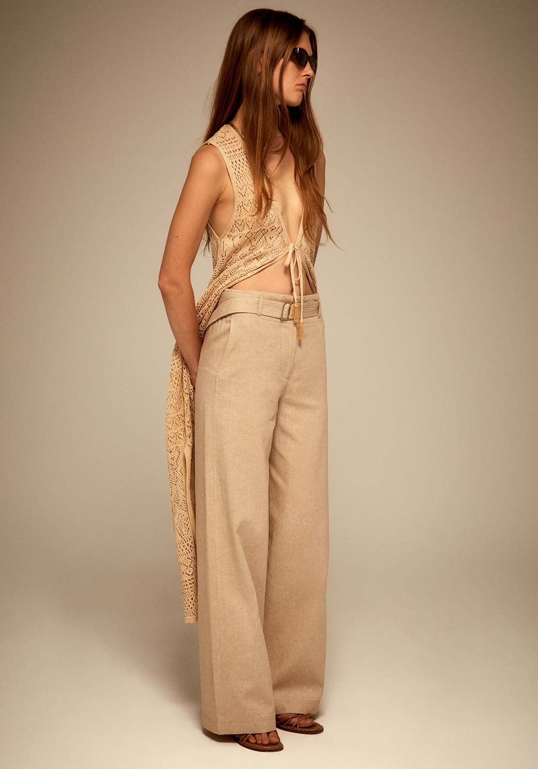 Sfera Belted Linen Trousers - Beige 3 Shaws Department Stores