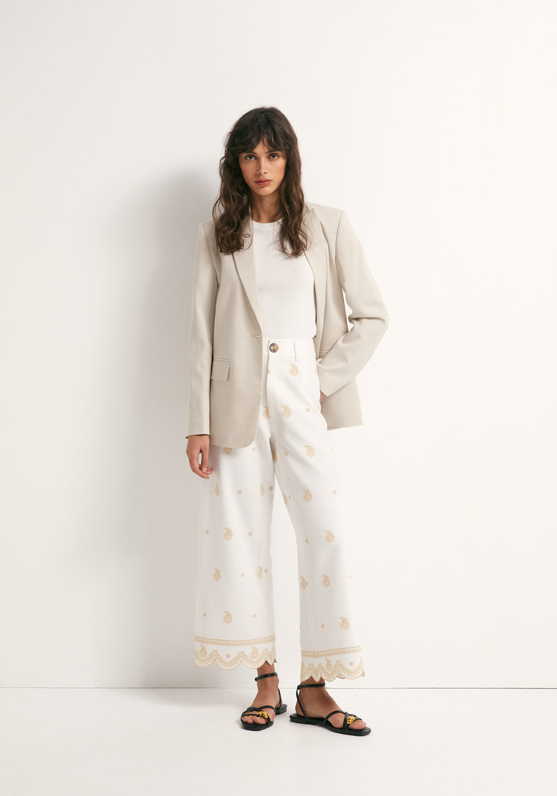 Embroidered Loose Trousers - White