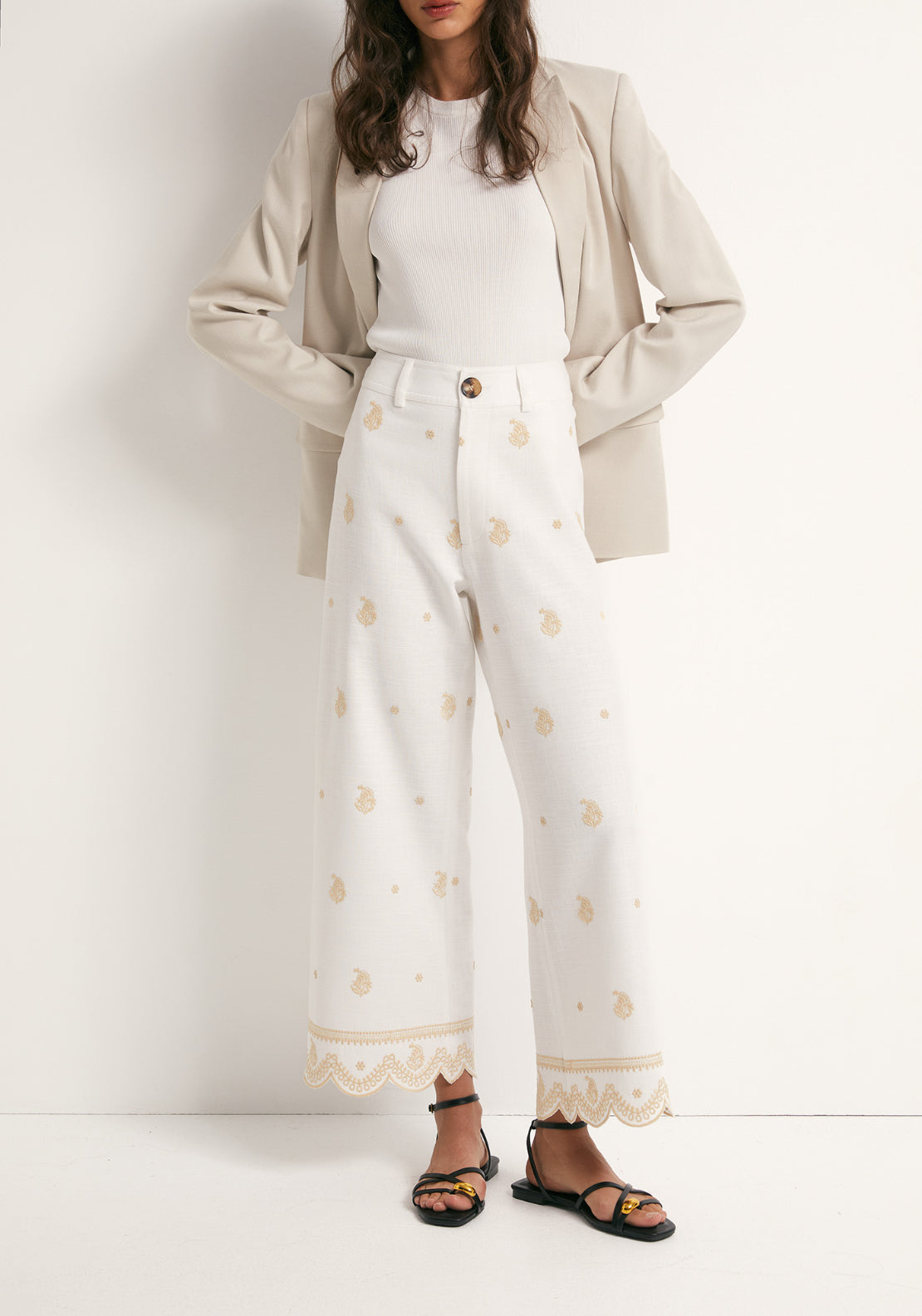 Embroidered Loose Trousers - White