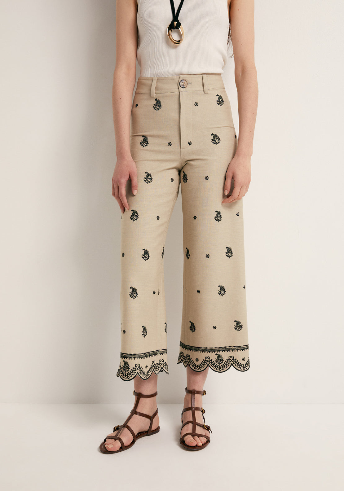 Embroidered Loose Trousers - Beige