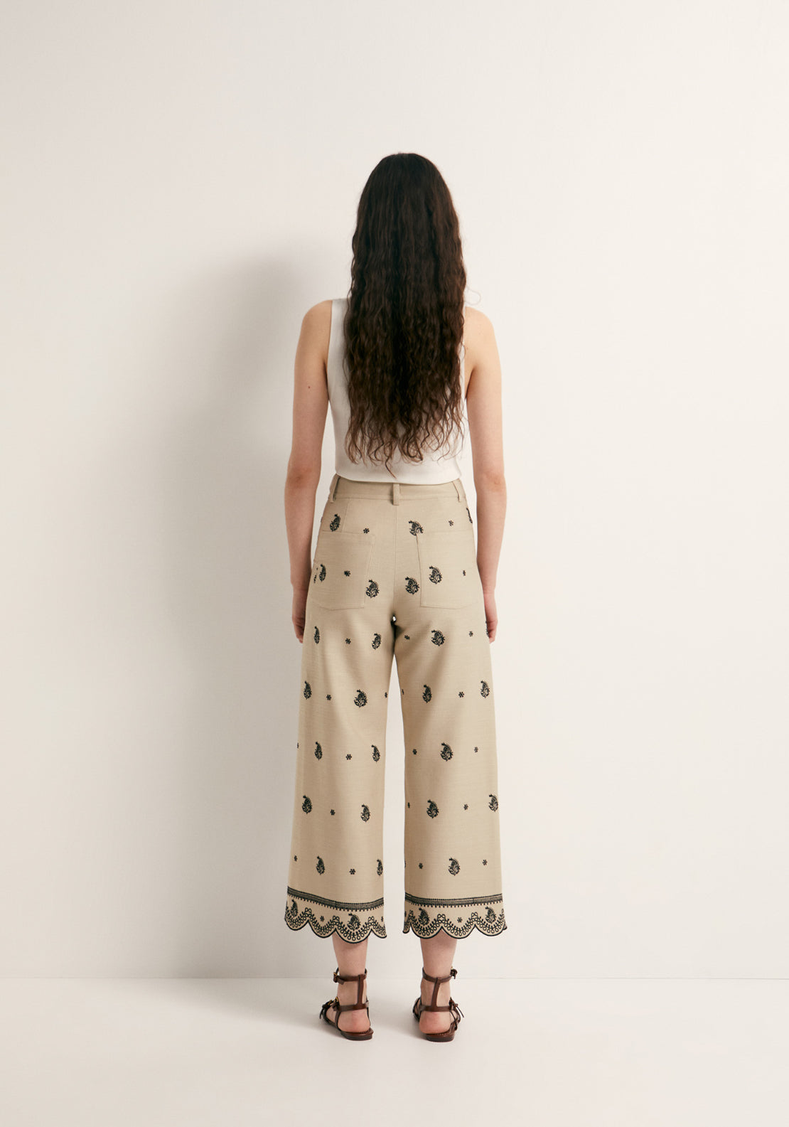 Embroidered Loose Trousers - Beige