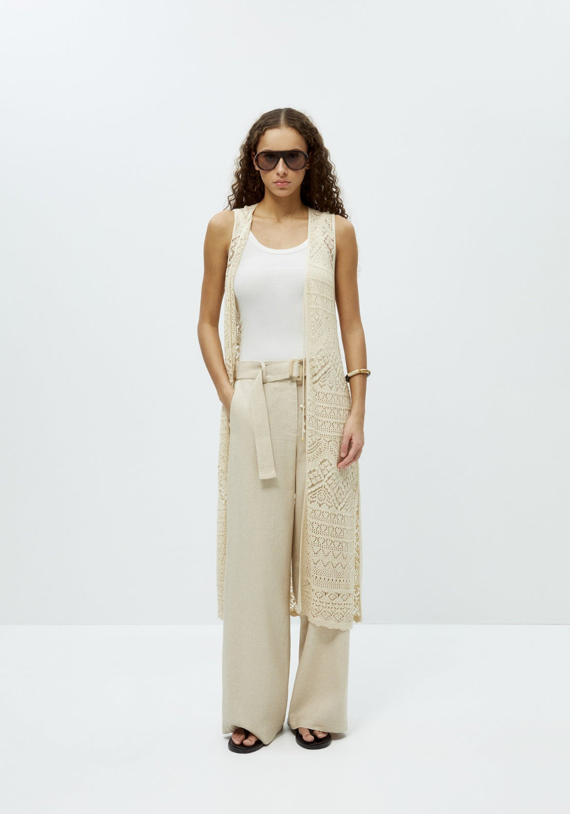 Belted Linen Blend Trousers - Beige