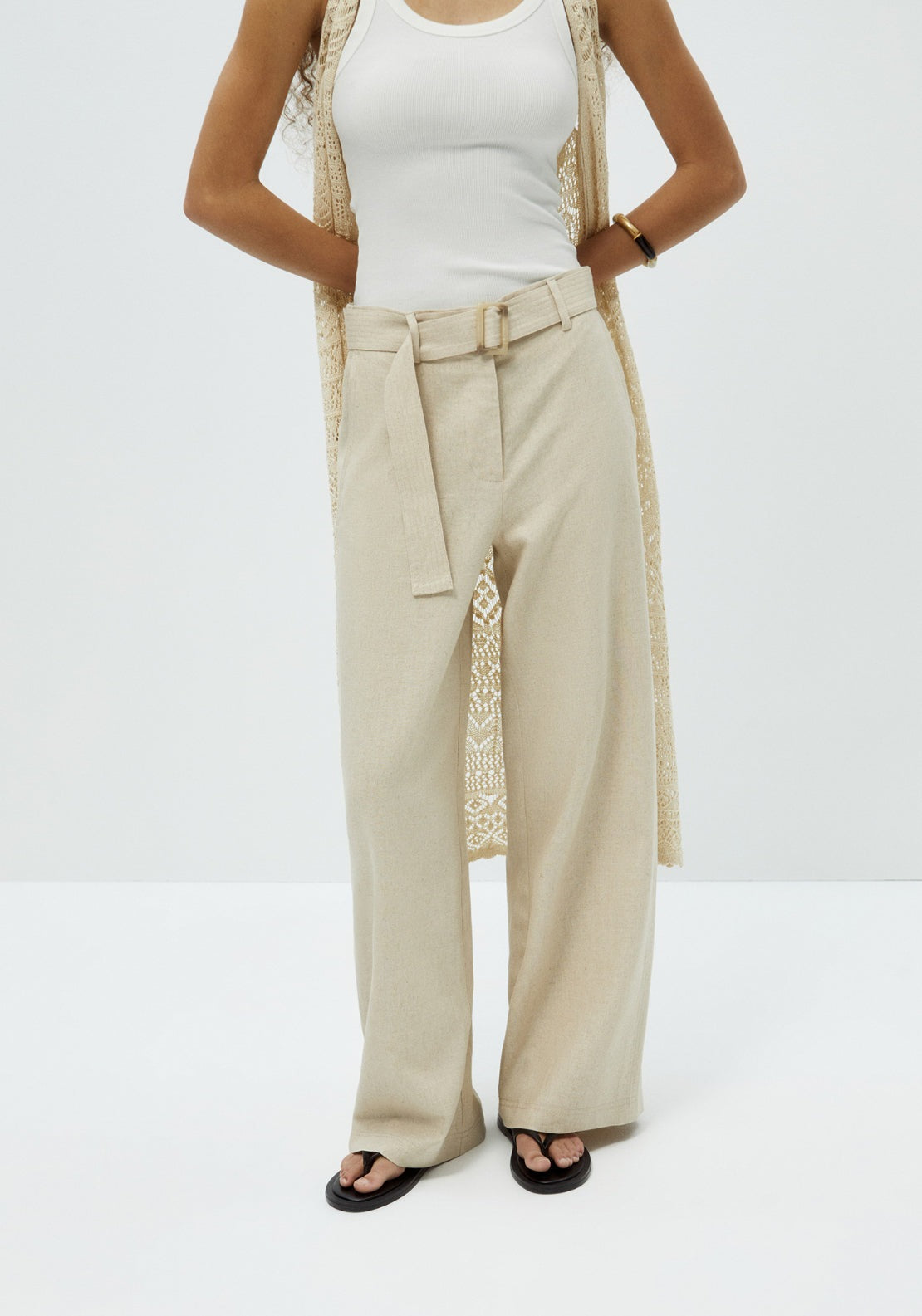 Belted Linen Blend Trousers - Beige
