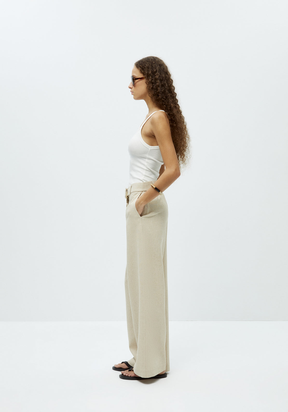 Belted Linen Blend Trousers - Beige