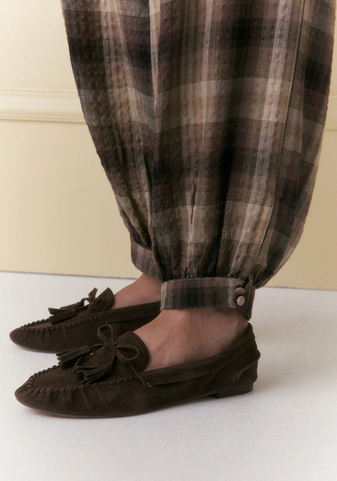 Checked Wide Leg Trousers - Beige