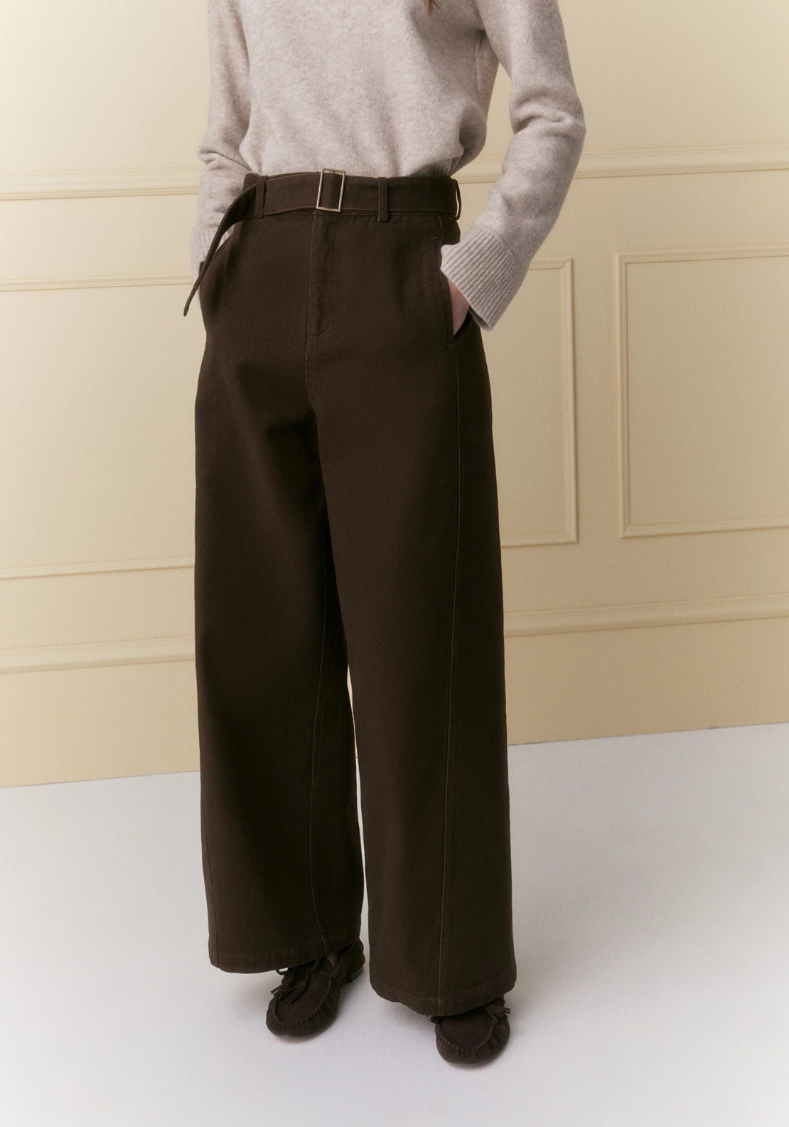Cotton Belted Trousers - Brown