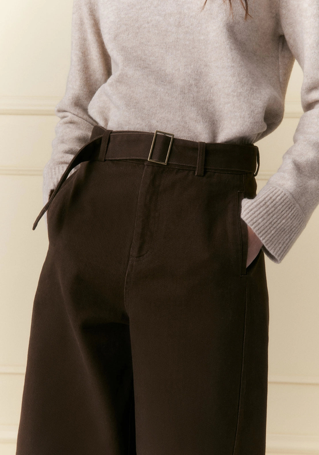 Cotton Belted Trousers - Brown