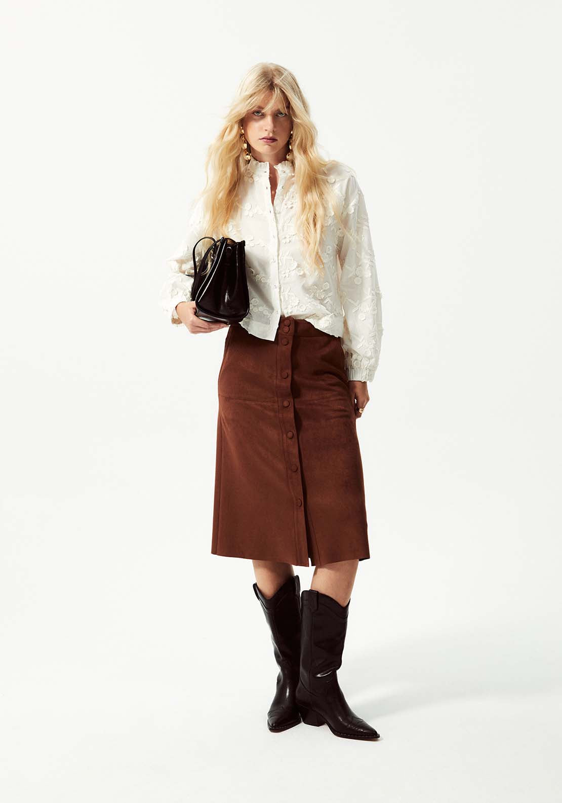 Knee Length Faux Suede Skirt - Brown