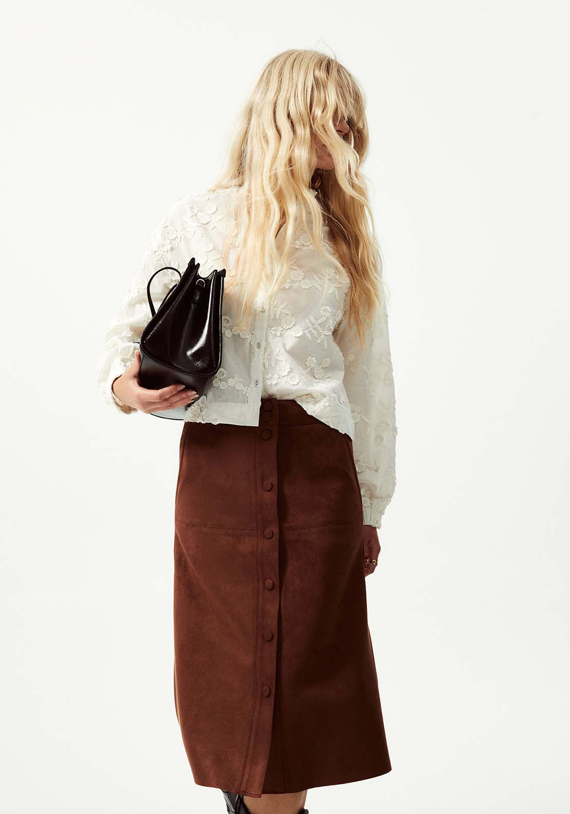 Knee Length Faux Suede Skirt - Brown