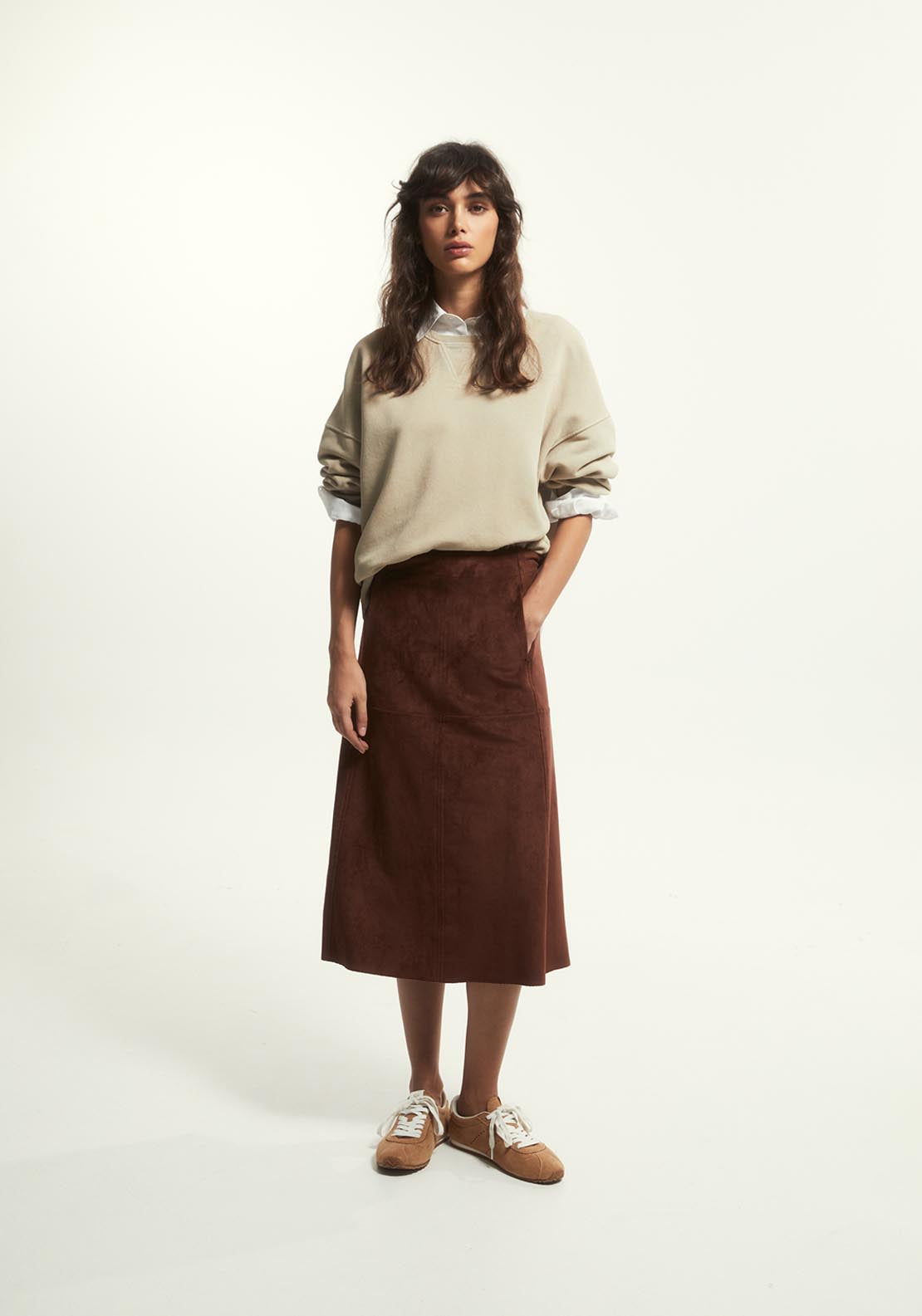 Faux Suede Midi Skirt - Orange