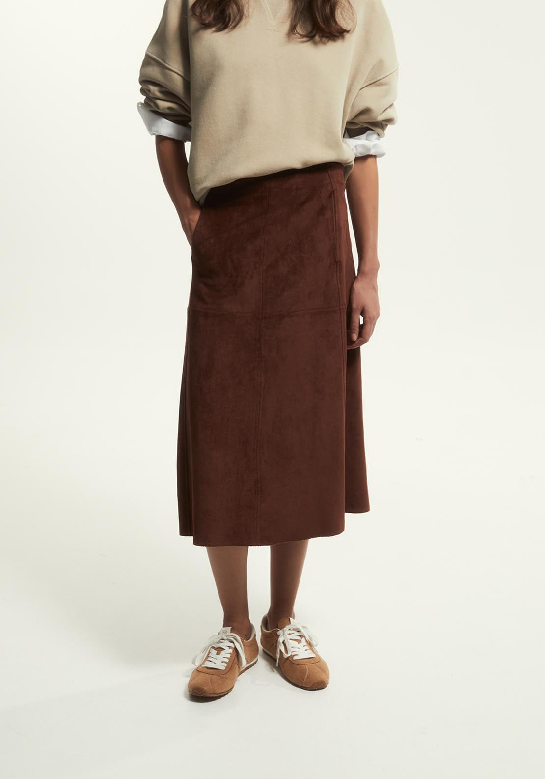 Faux Suede Midi Skirt - Orange