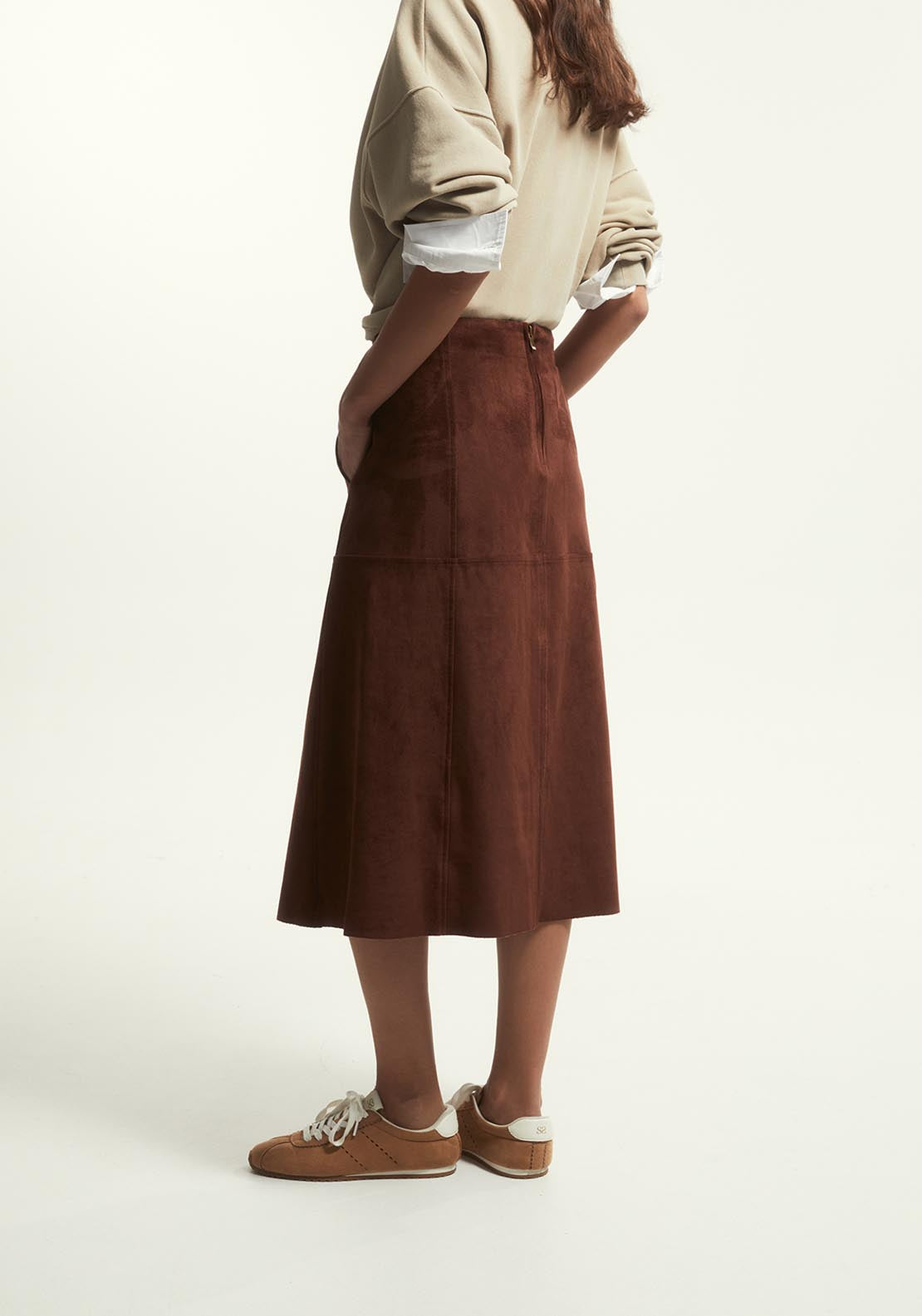Faux Suede Midi Skirt - Orange