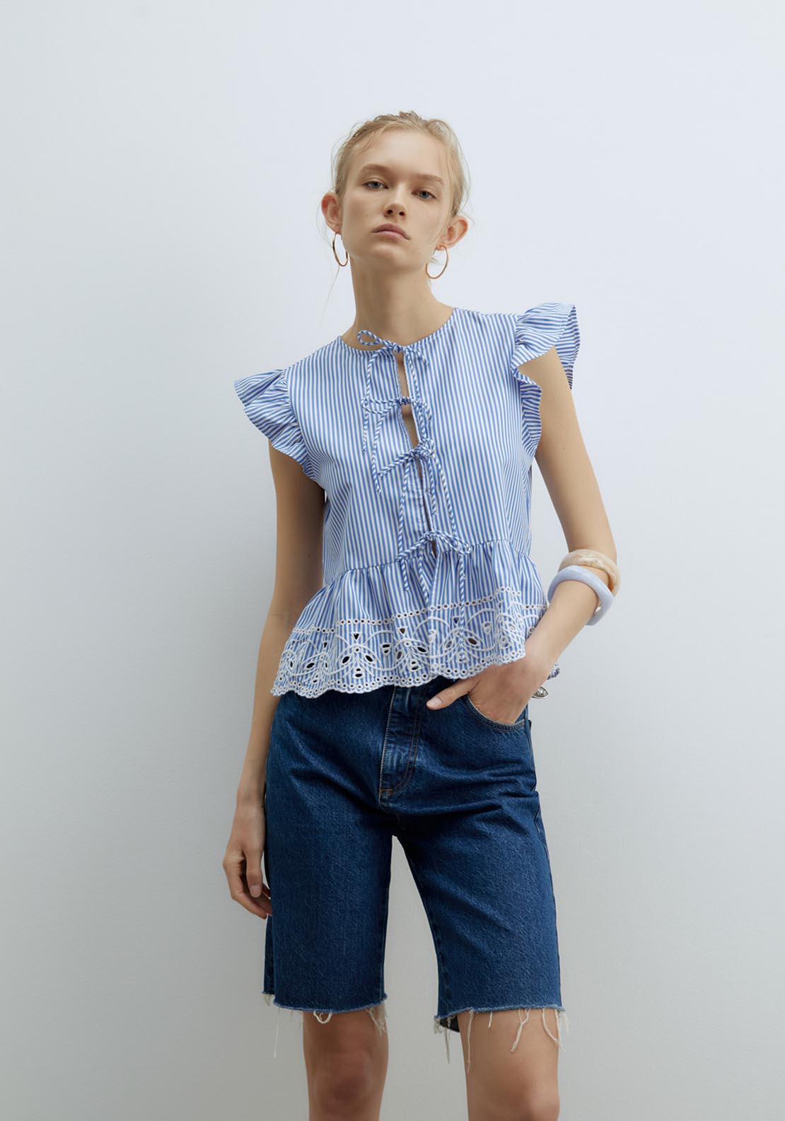 Sfera Ties Embroidered Top - Print Blue 1 Shaws Department Stores