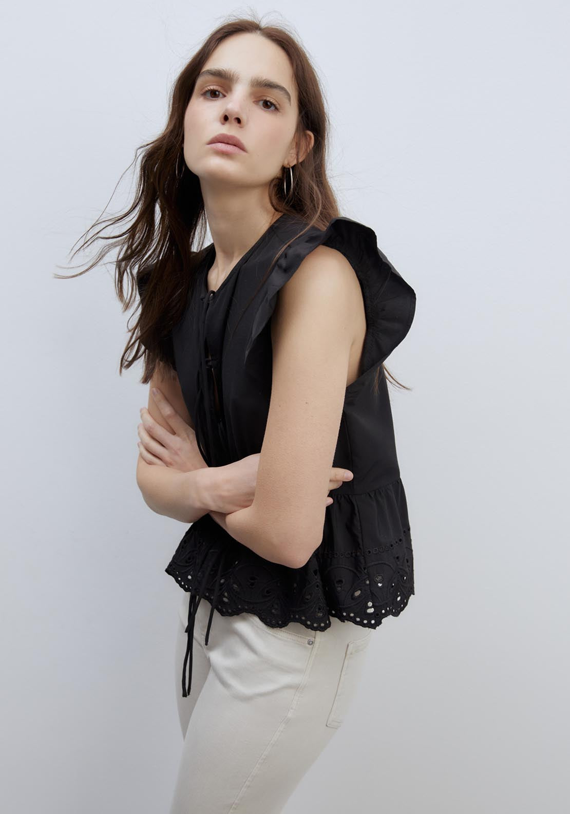 Sfera Ties Embroidered Top - Black 1 Shaws Department Stores