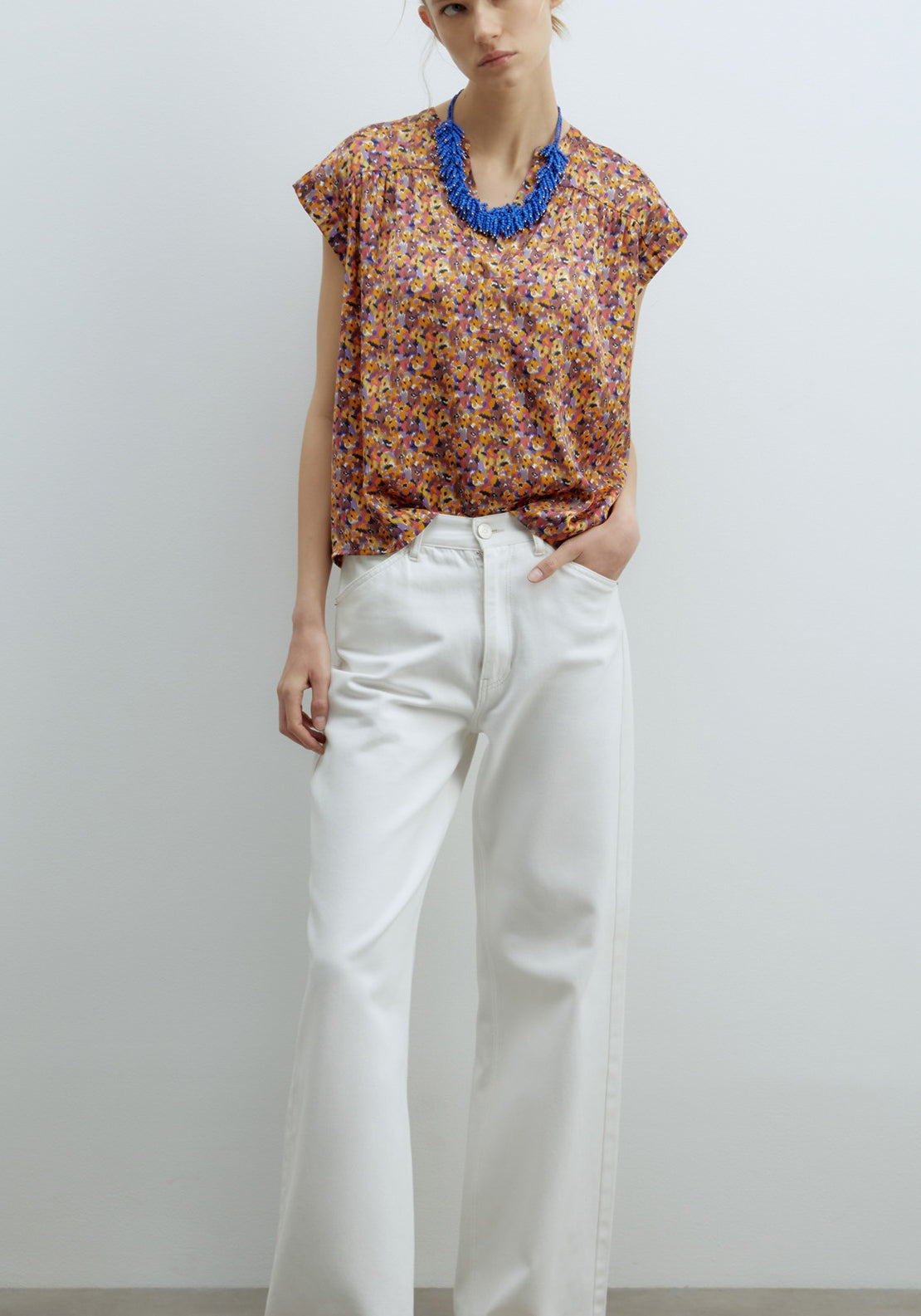 Sfera Printed Shiny Top - Mustard 1 Shaws Department Stores