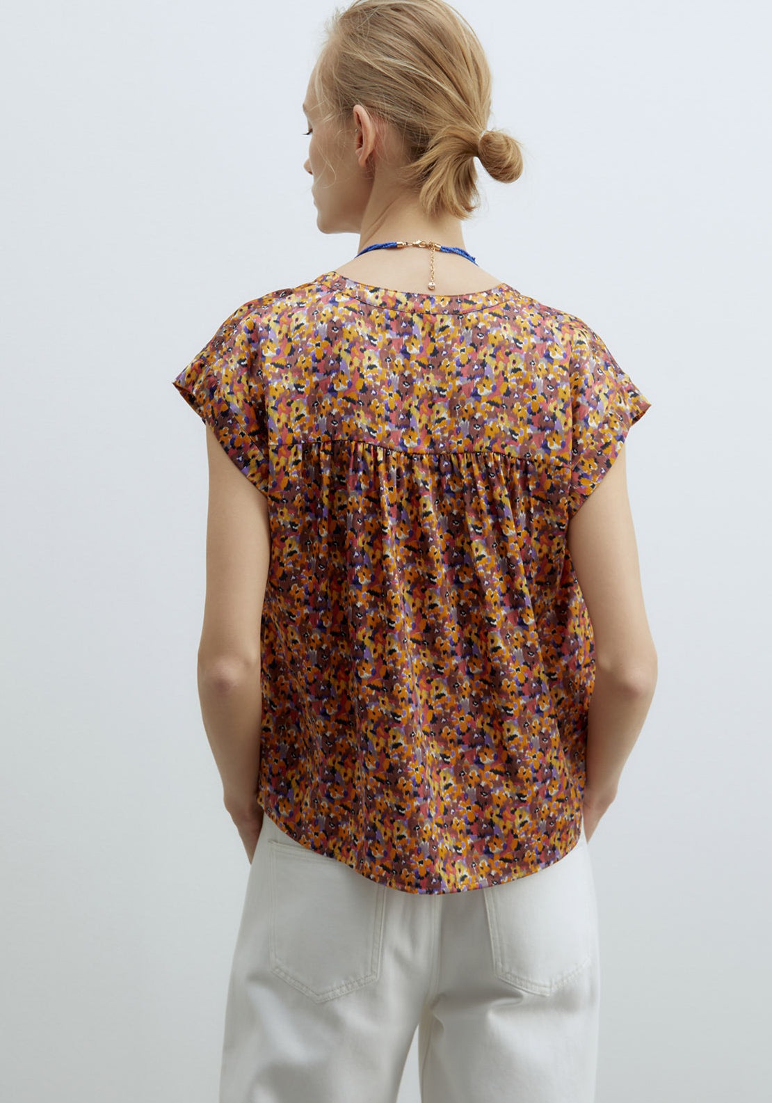 Sfera Printed Shiny Top - Mustard 2 Shaws Department Stores