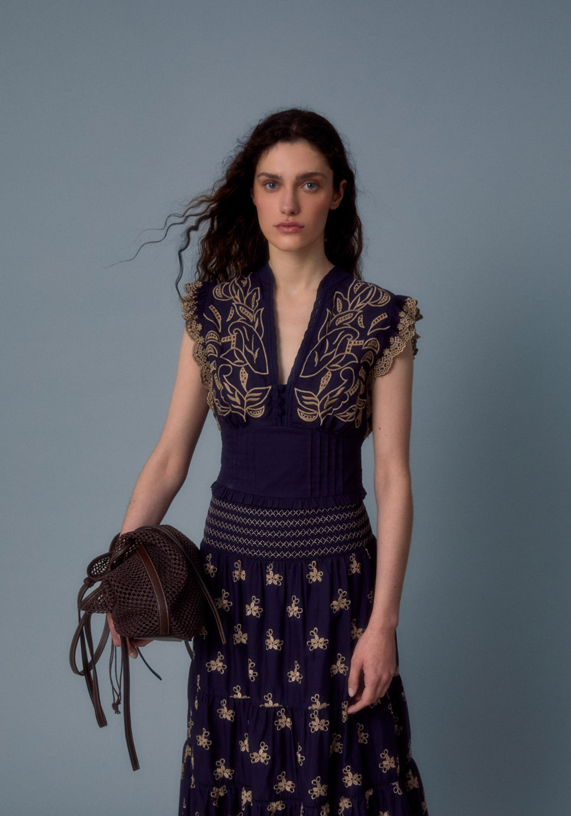 Cotton Embroidered Corset Blouse - Blue