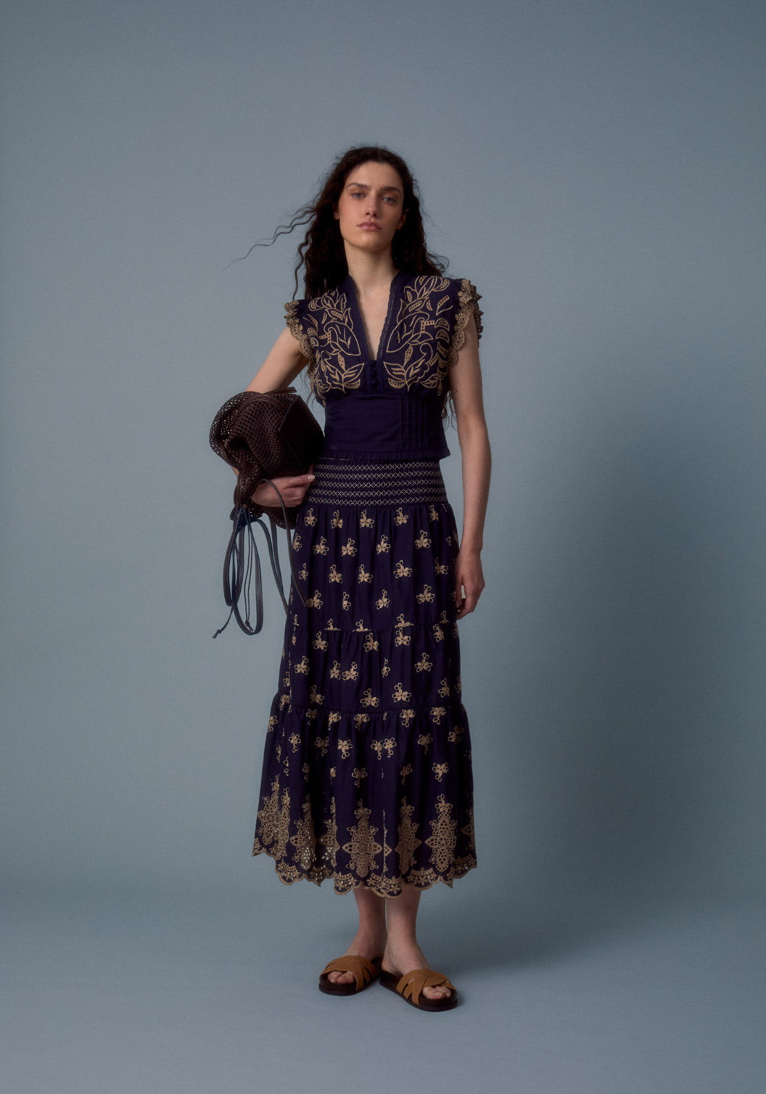 Cotton Embroidered Corset Blouse - Blue