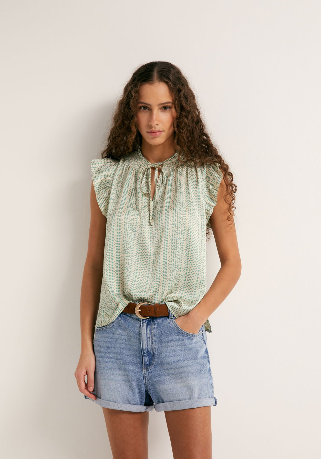 Printed Flowy Top With Tie Neck - Green