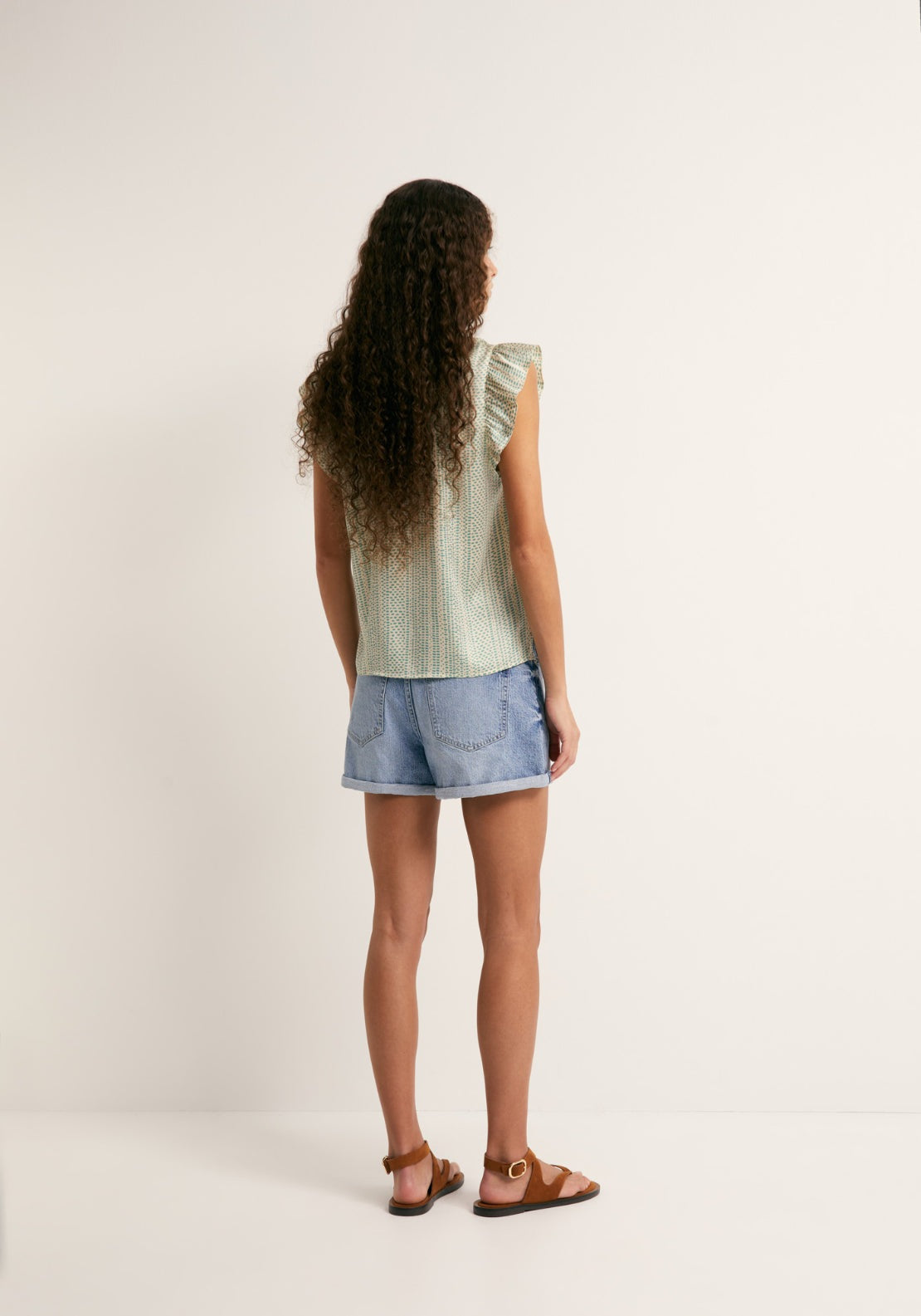 Printed Flowy Top With Tie Neck - Green