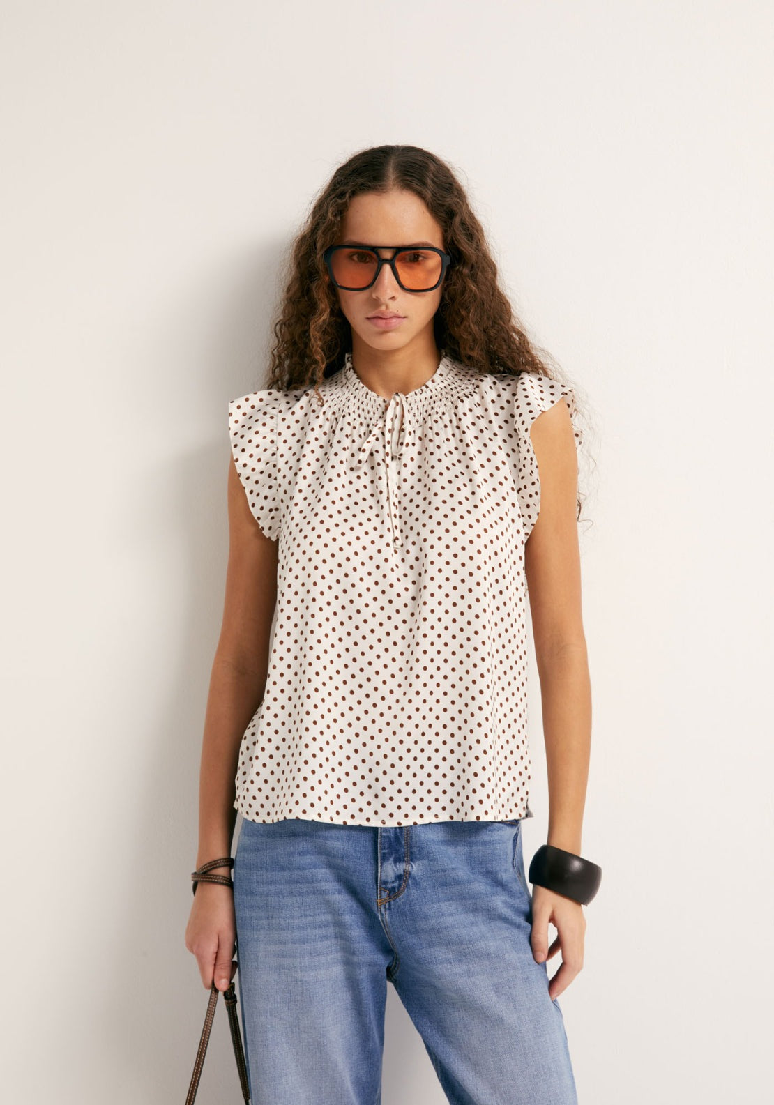 Printed Flowy Top With Tie Neck - Beige