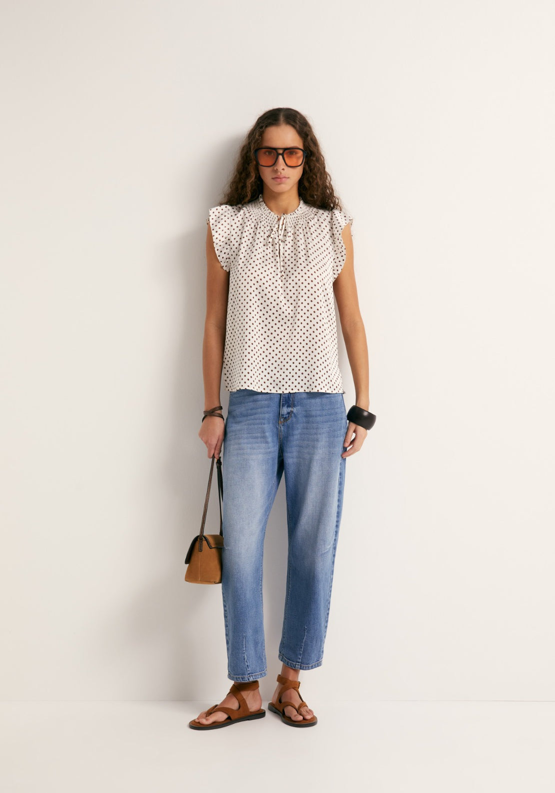 Printed Flowy Top With Tie Neck - Beige