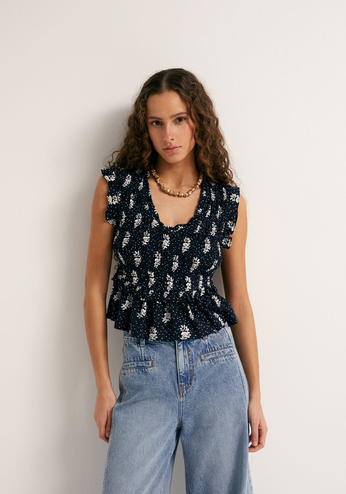 Printed Ruffle Top - Blue