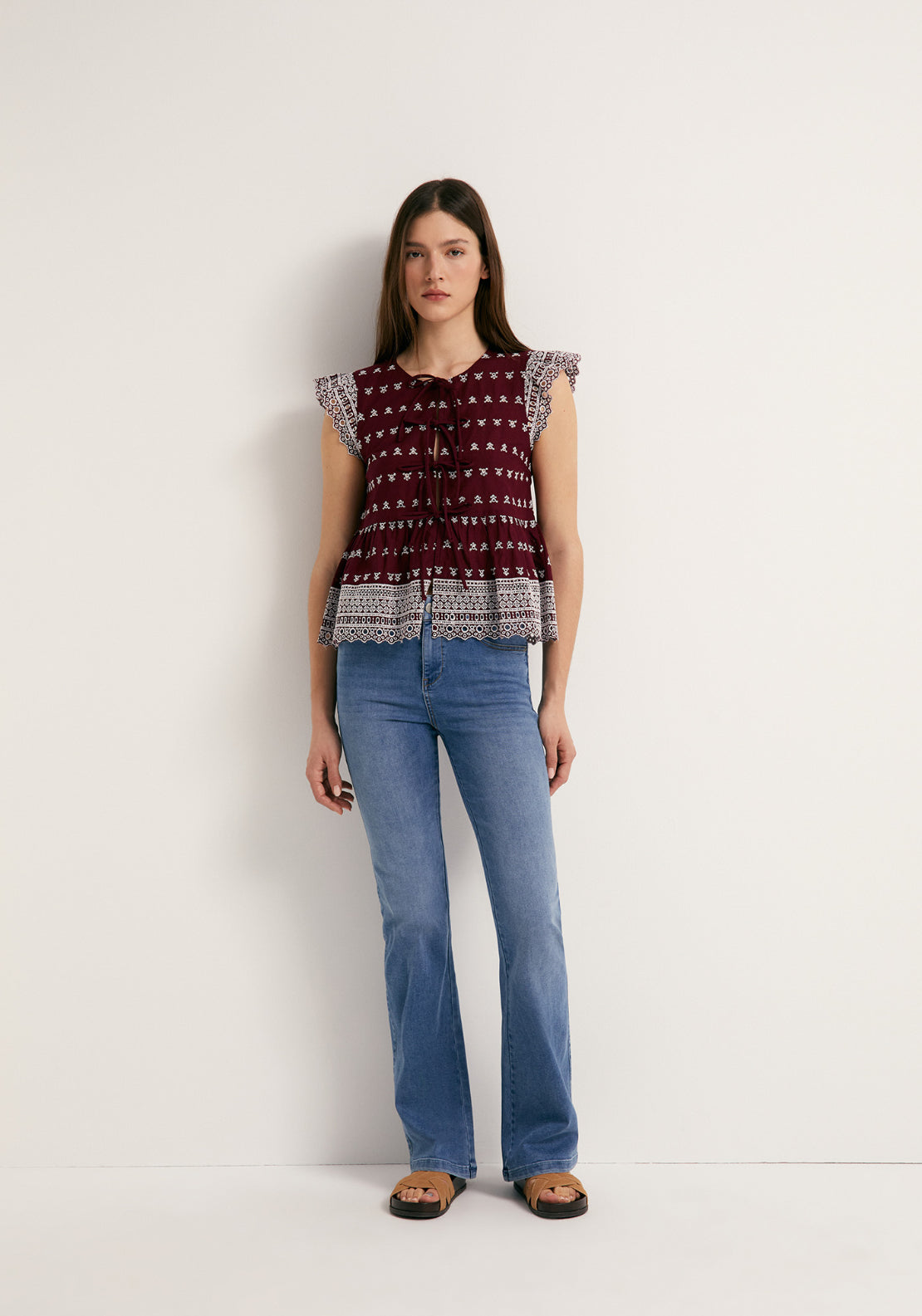 Tie Front Flutter Cotton Sleeve Top - Red