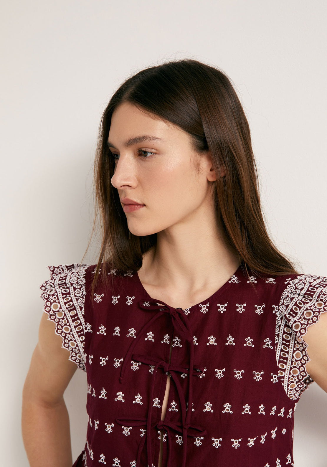 Tie Front Flutter Cotton Sleeve Top - Red