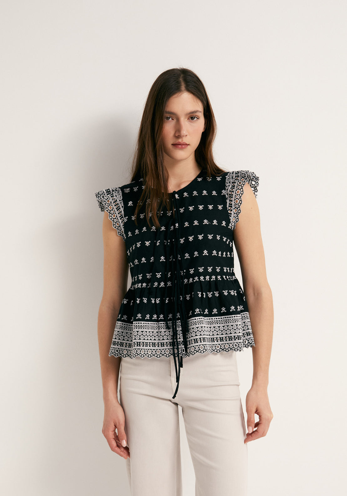 Tie Front Flutter Cotton Sleeve Top - Black
