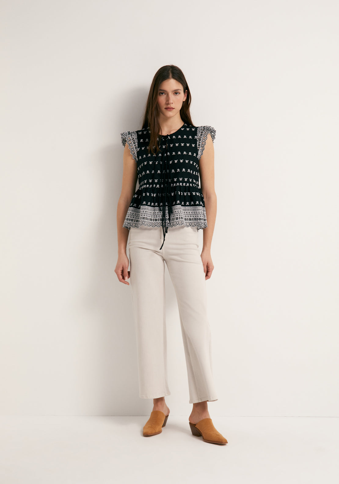 Tie Front Flutter Cotton Sleeve Top - Black