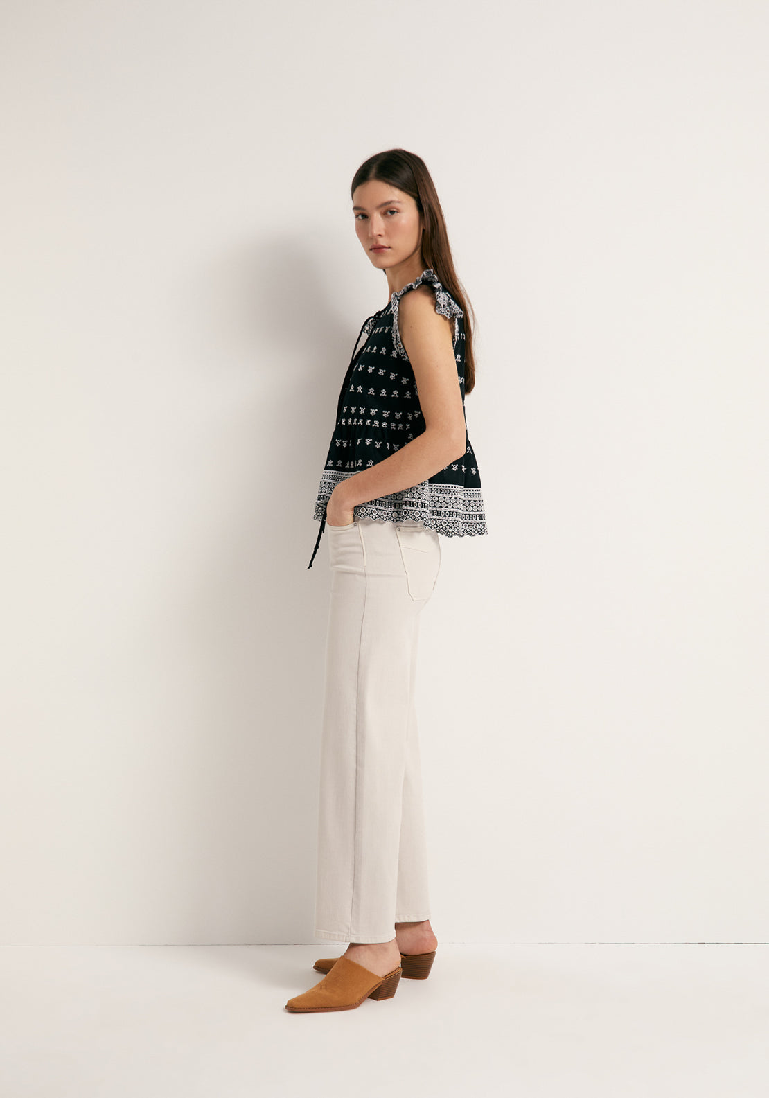 Tie Front Flutter Cotton Sleeve Top - Black