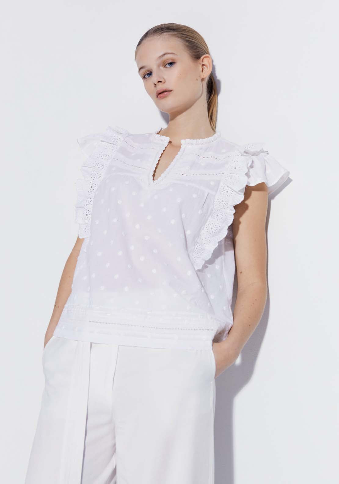 Sfera Ruffled plumetis blouse - White 1 Shaws Department Stores