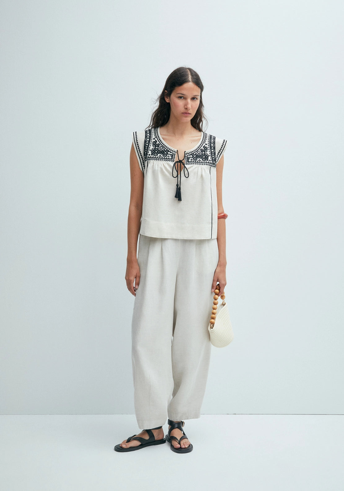 Mirror-Embroidered Blouse - Beige