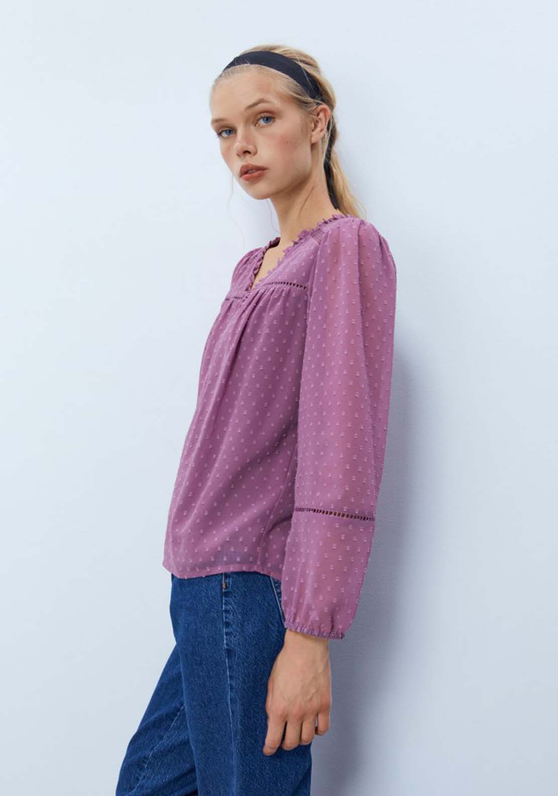 Sfera Trim detail plumetis blouse - Mauve 2 Shaws Department Stores