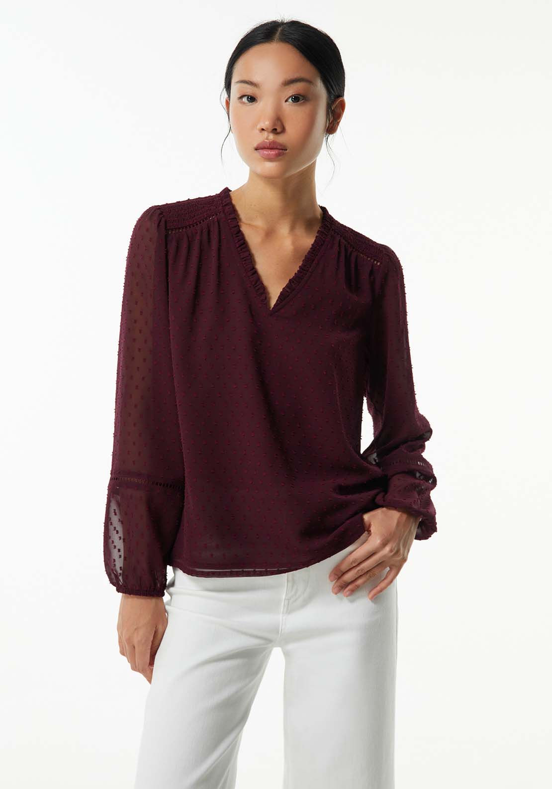 Sfera Elastic details plumetis blouse - Burgundy 1 Shaws Department Stores