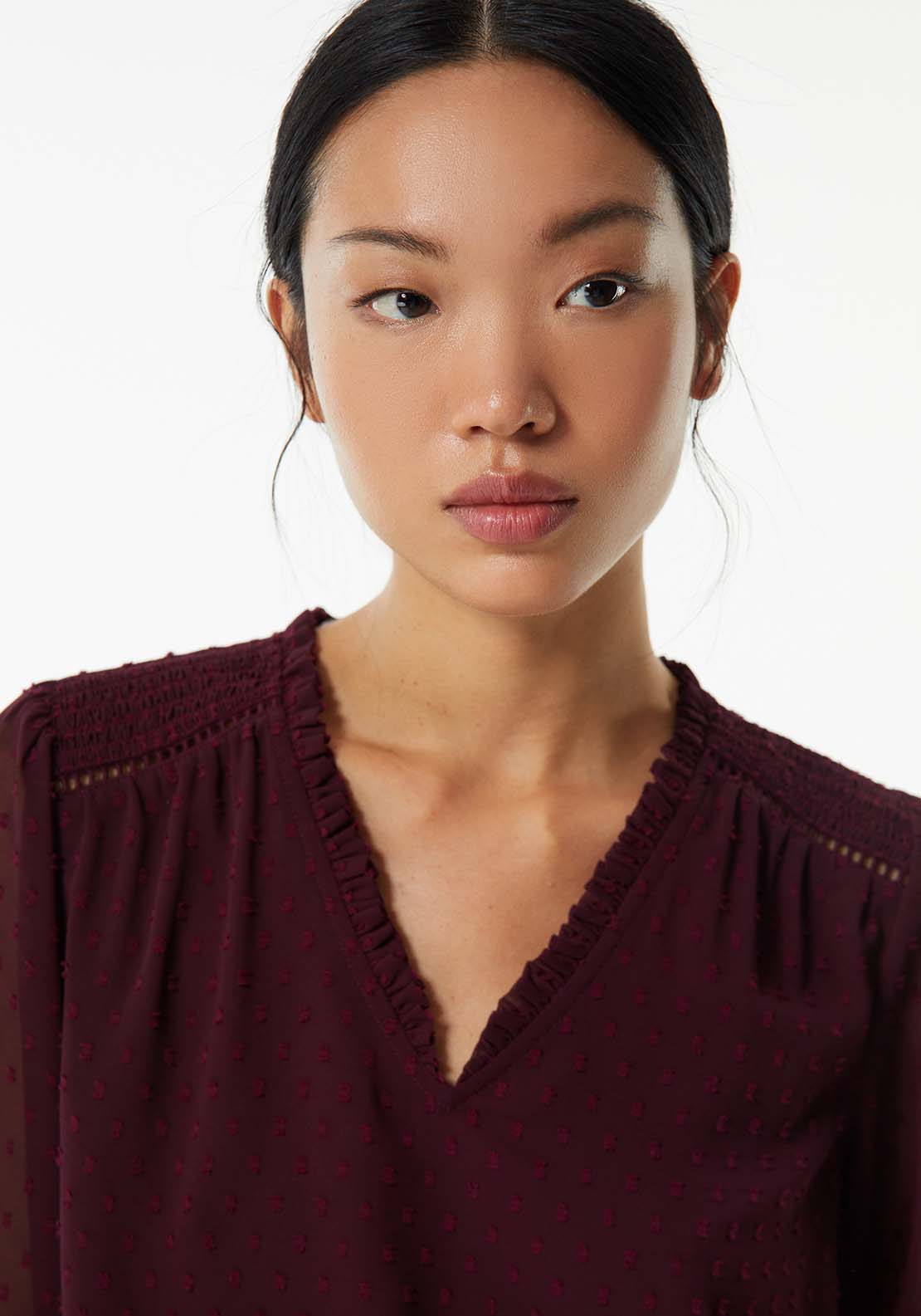 Sfera Elastic details plumetis blouse - Burgundy 4 Shaws Department Stores