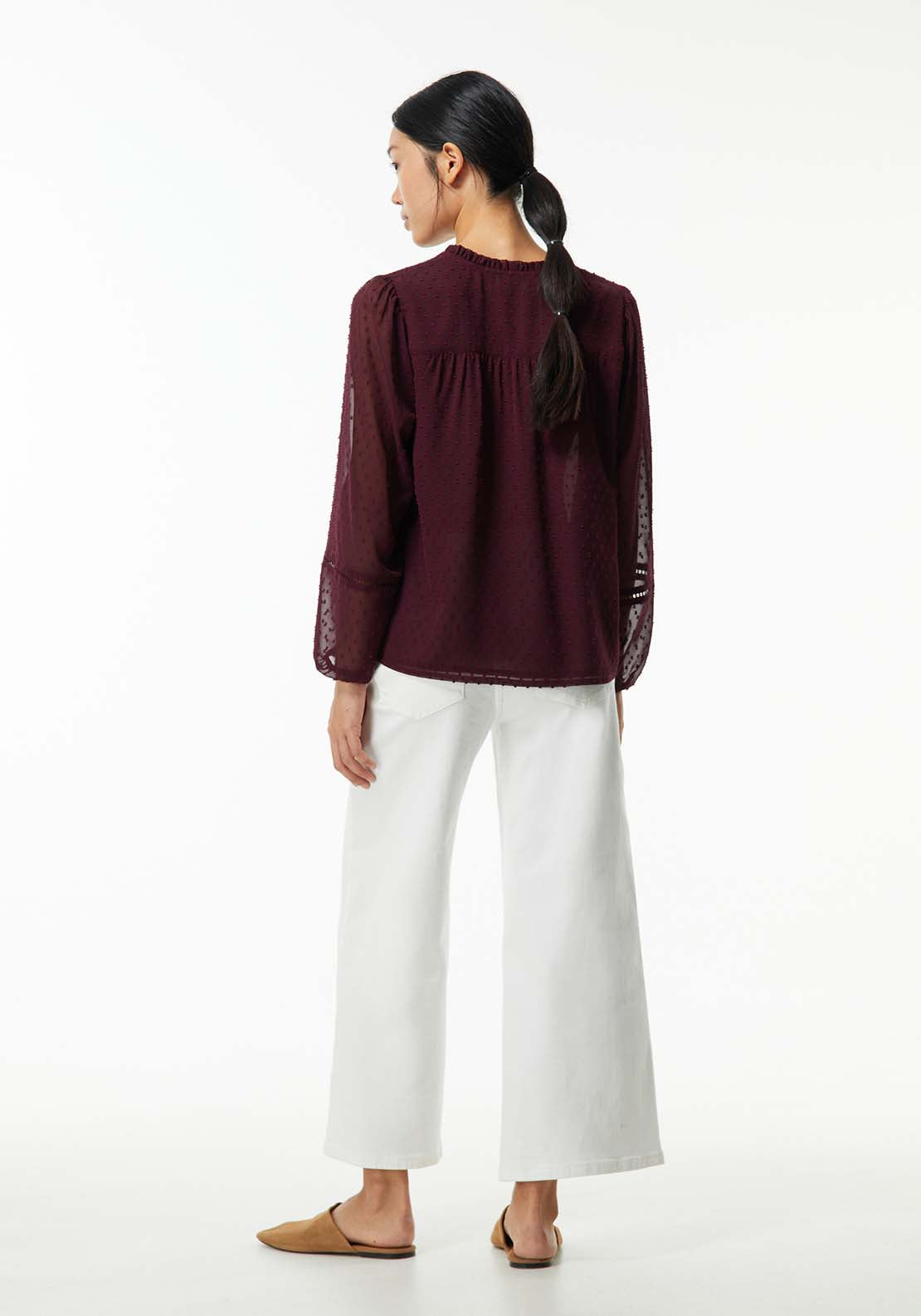 Sfera Elastic details plumetis blouse - Burgundy 3 Shaws Department Stores