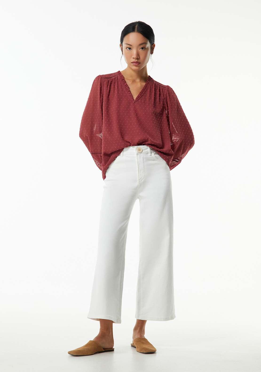 Sfera Elastic details plumetis blouse - Currant 3 Shaws Department Stores