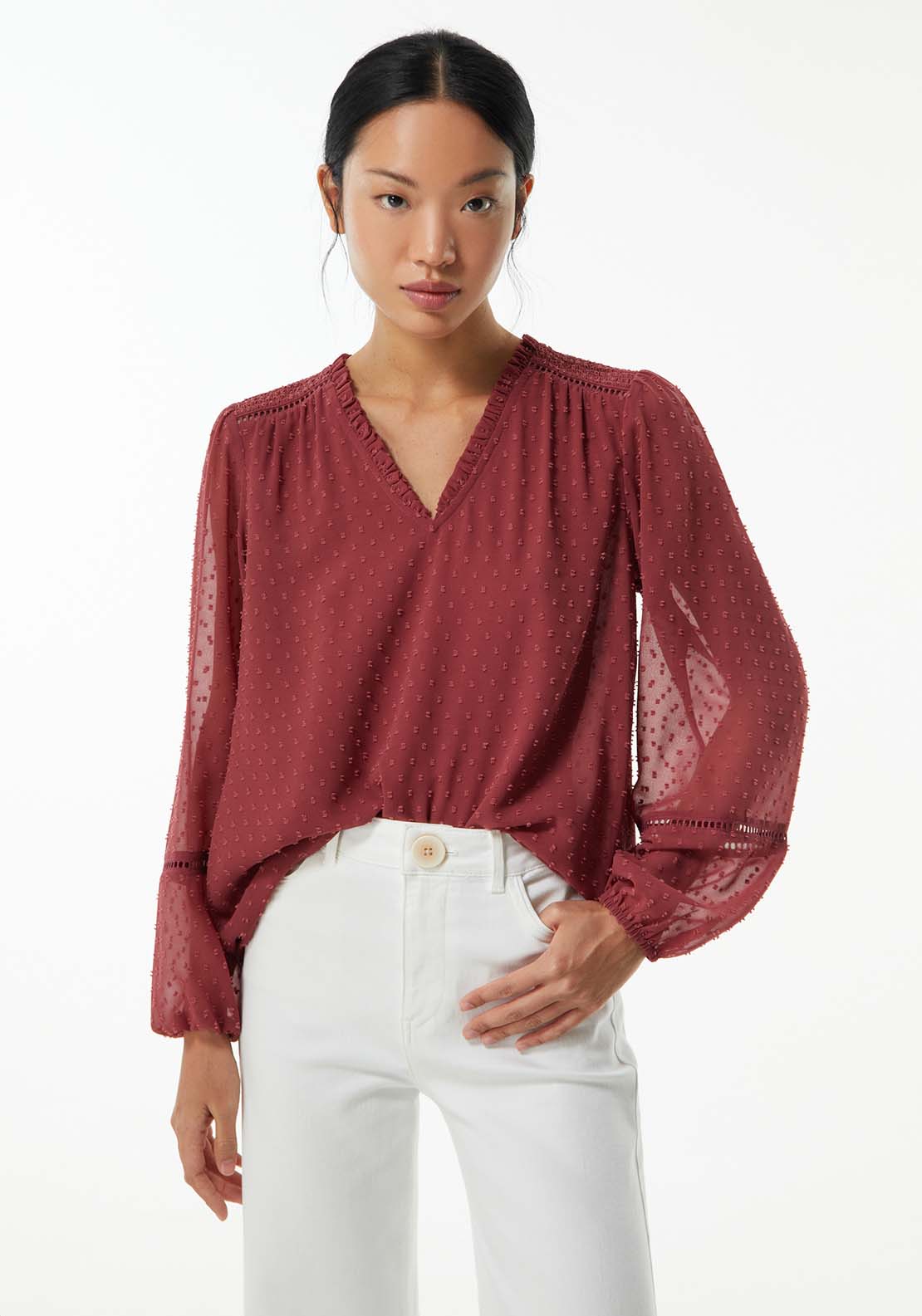 Sfera Elastic details plumetis blouse - Currant 1 Shaws Department Stores