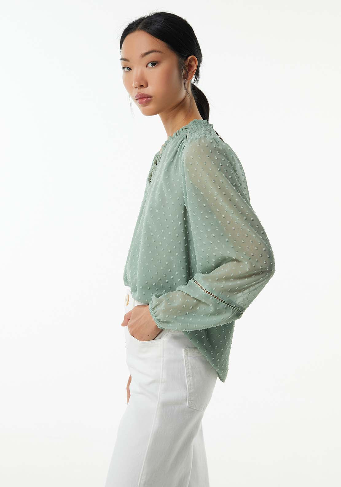 Sfera Elastic details plumetis blouse - Sage 4 Shaws Department Stores