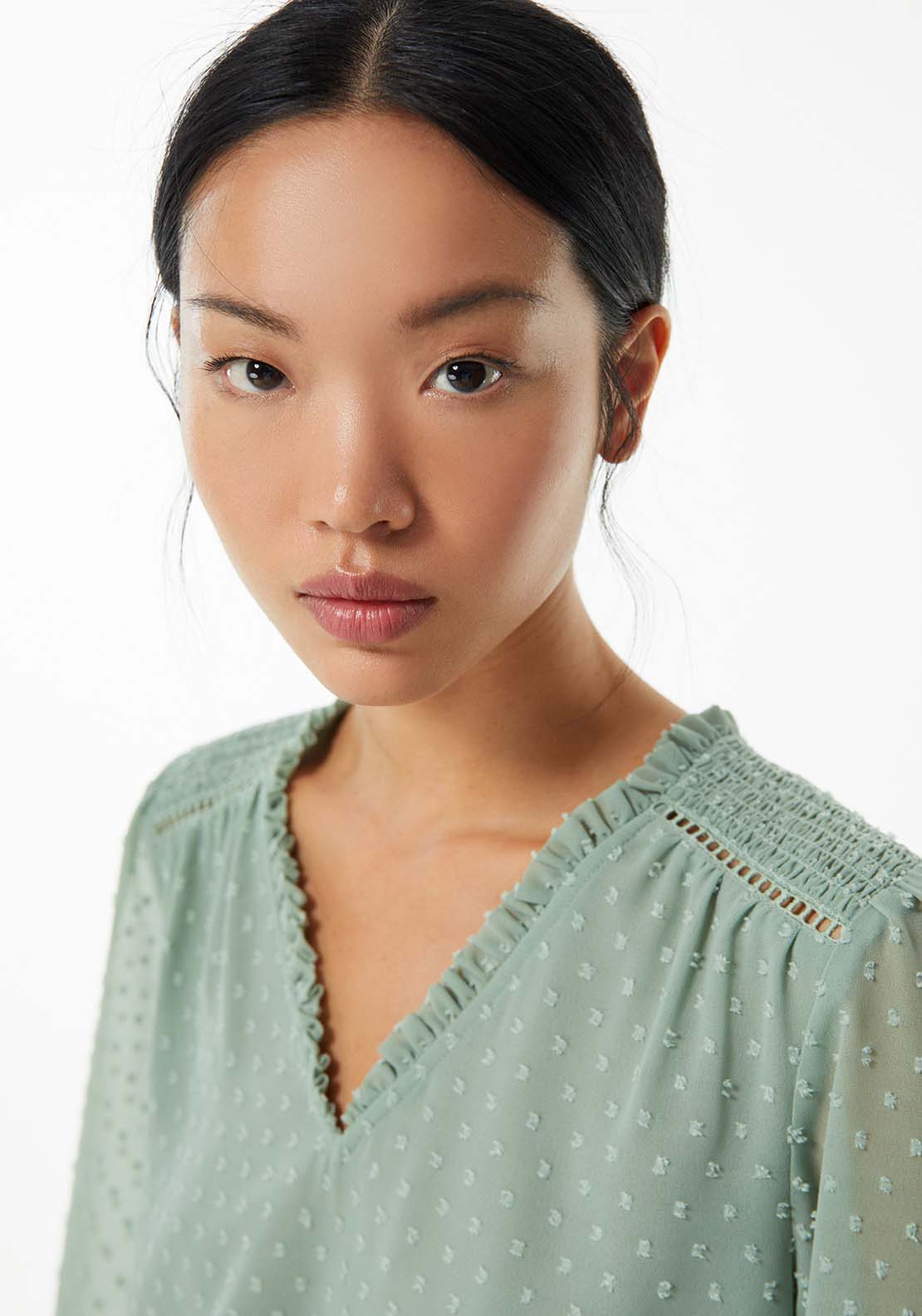 Sfera Elastic details plumetis blouse - Sage 3 Shaws Department Stores
