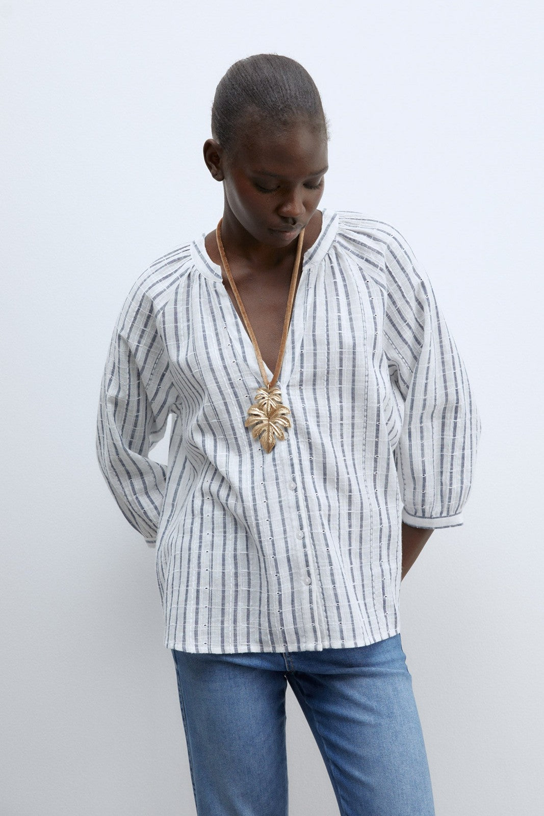 Sfera Buttons raglan blouse - Print Blue 3 Shaws Department Stores